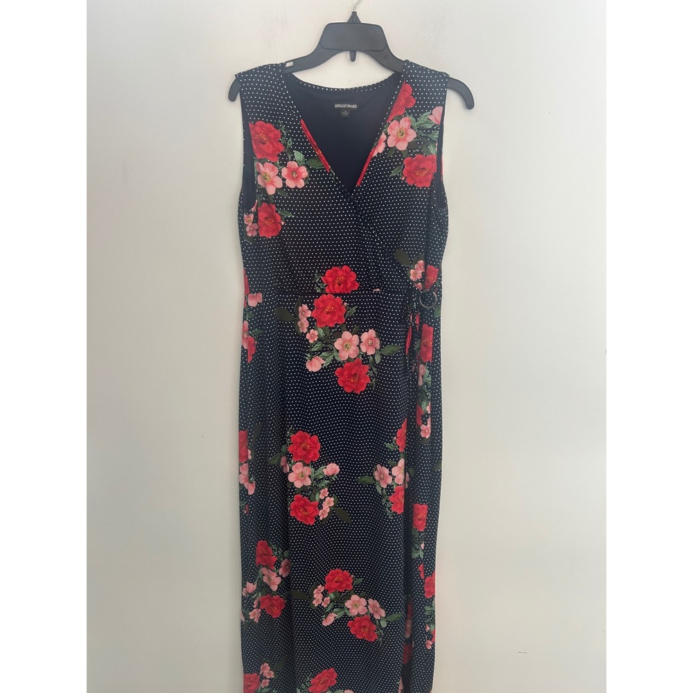 Nina Leonard Navy Polka Dot Floral‎ Maxi Dress Faux Wrap V-Neck XL Sleeveless